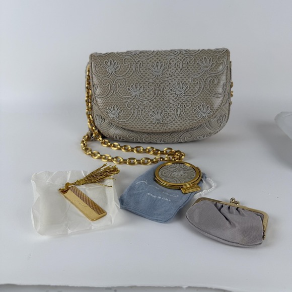Vintage Judith Leiber Clutch Bag Womens Beige Reptile Leather Chain Tassel Italy